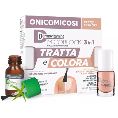 Dermovitamina Micoblock 3 in 1 Tratta e Colora Soluzione Ungueale 7 ml + Smalto Idratante Traspirante 5 ml