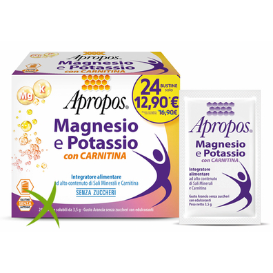 Apropos Magnesio e Potassio con Carnitina 24 Bustine Solubili da 3,5 g Gusto Arancia Senza Zuccheri